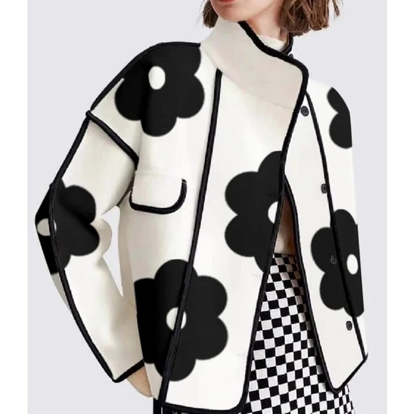 Jackets & Blazers - Black Daisy White Pull On Open Front Blazer Coat